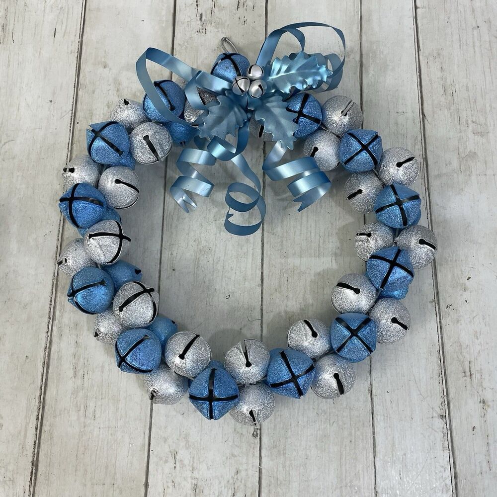 Vintage Silver & Blue Door Glitter Wreath Sleigh Jingle Bells 12 Inch - Picture 2 of 7